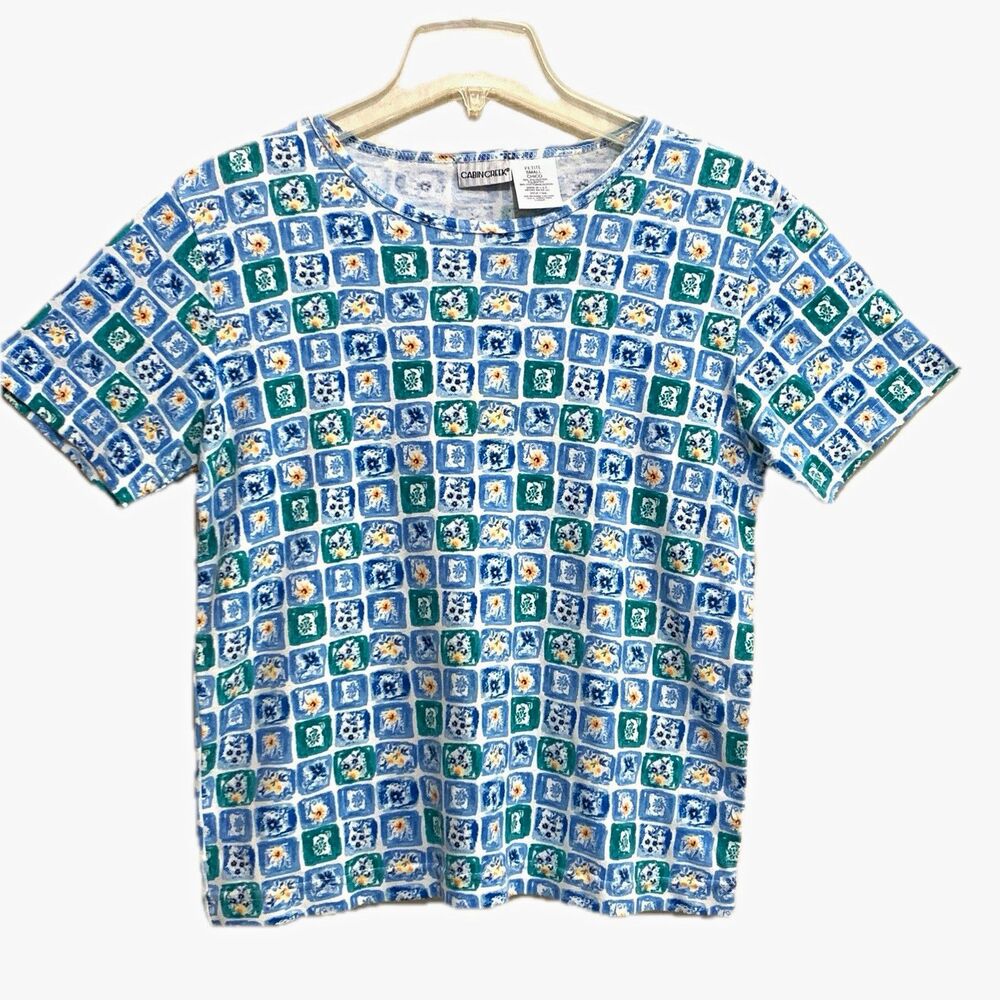 Cabin Creek T-Shirt Top Womens Petite Small Blue Green Floral Crew Neck Knit